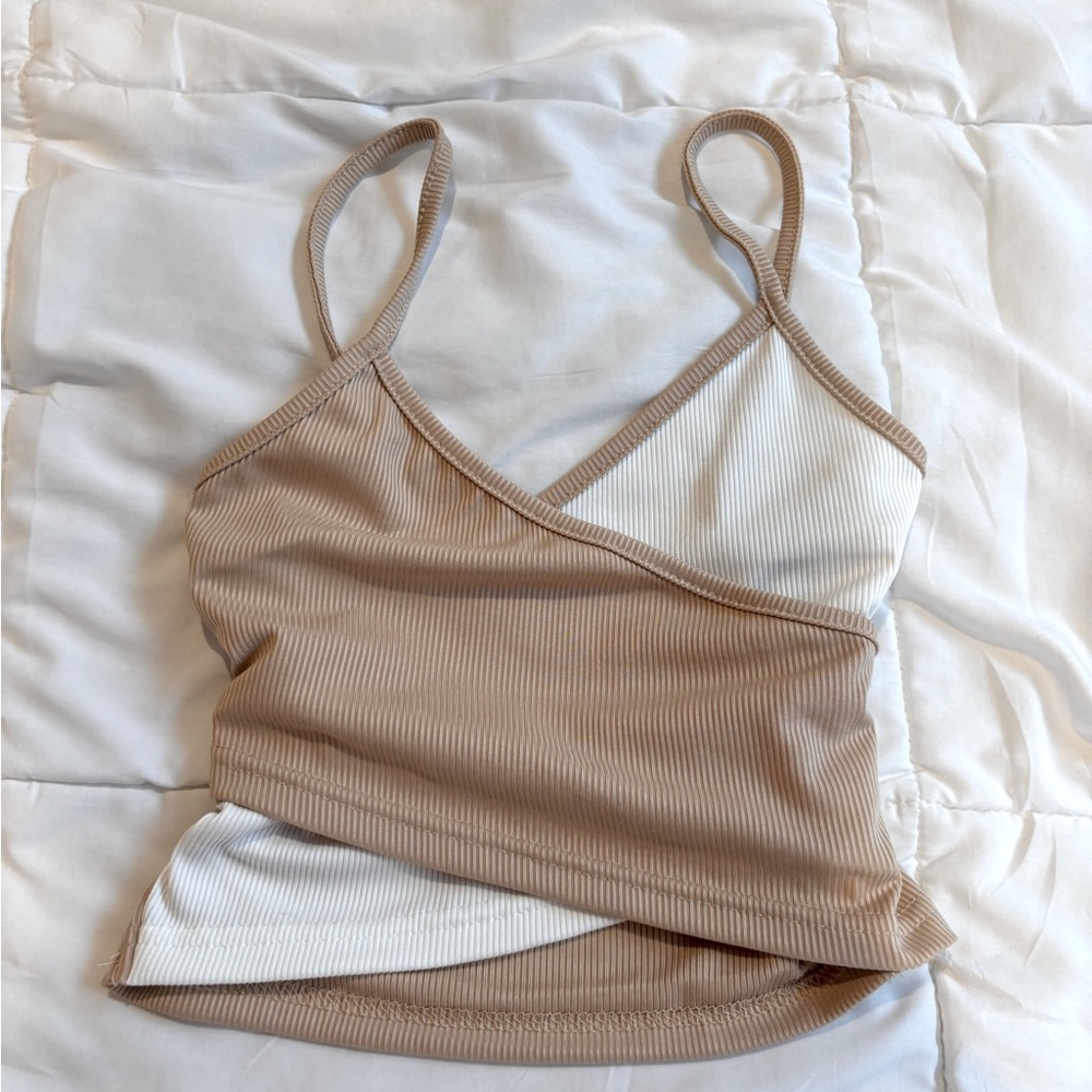 criss cross tan and white tank top